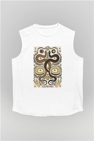 İkizler Burcu Baskılı Beyaz Unisex Kolsuz Tişört - Tshirt