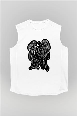 İkizler Burcu Baskılı Beyaz Unisex Kolsuz Tişört - Tshirt