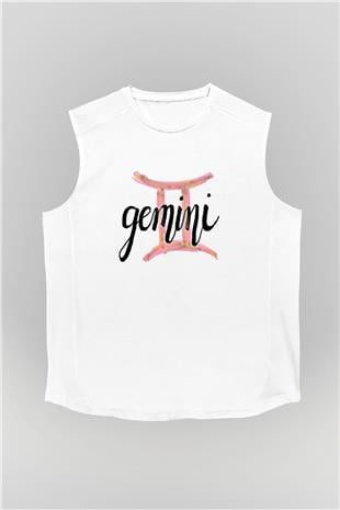 İkizler Burcu Baskılı Beyaz Unisex Kolsuz Tişört - Tshirt
