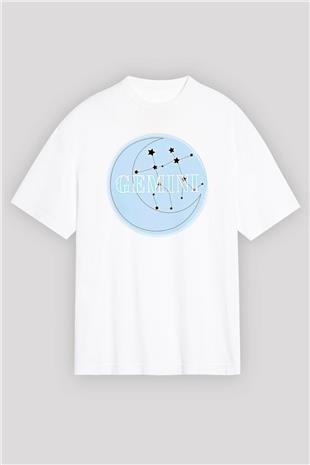 İkizler Burcu Baskılı Beyaz Unisex Oversize Tişört - Tshirt