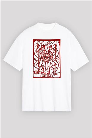 İkizler Burcu Baskılı Beyaz Unisex Oversize Tişört - Tshirt