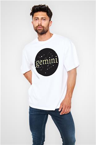 İkizler Burcu Baskılı Beyaz Unisex Oversize Tişört - Tshirt