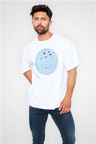 İkizler Burcu Baskılı Beyaz Unisex Oversize Tişört - Tshirt