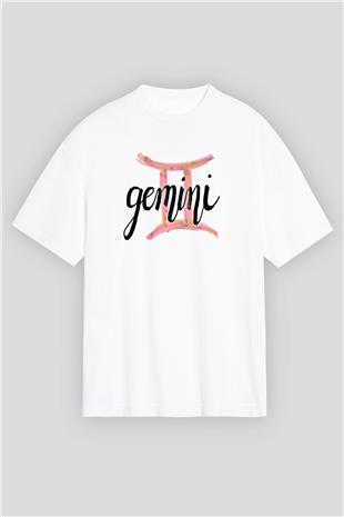İkizler Burcu Baskılı Beyaz Unisex Oversize Tişört - Tshirt