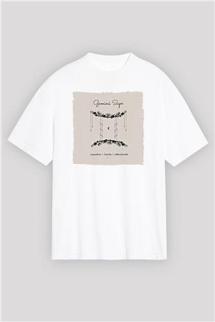 İkizler Burcu Baskılı Beyaz Unisex Oversize Tişört - Tshirt