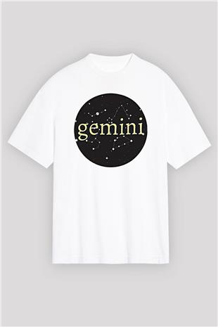 İkizler Burcu Baskılı Beyaz Unisex Oversize Tişört - Tshirt