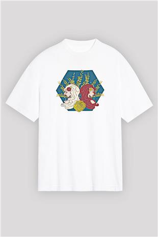 İkizler Burcu Baskılı Beyaz Unisex Oversize Tişört - Tshirt