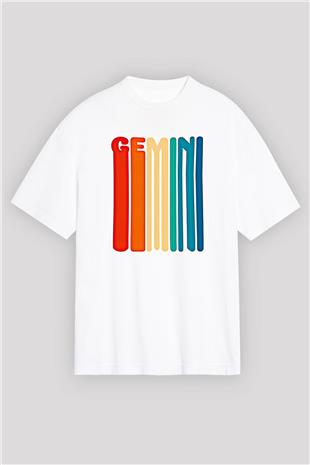 İkizler Burcu Baskılı Beyaz Unisex Oversize Tişört - Tshirt