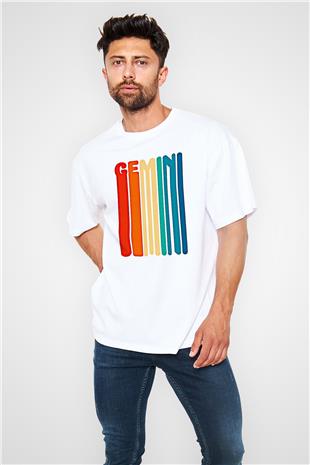 İkizler Burcu Baskılı Beyaz Unisex Oversize Tişört - Tshirt