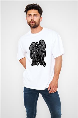 İkizler Burcu Baskılı Beyaz Unisex Oversize Tişört - Tshirt