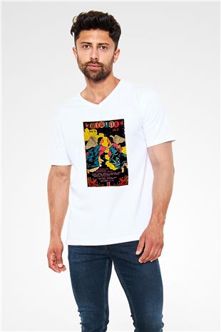 İkizler Burcu Baskılı Beyaz Unisex V Yaka Tişört - Tshirt