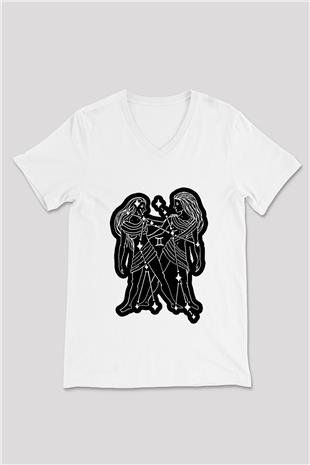 İkizler Burcu Baskılı Beyaz Unisex V Yaka Tişört - Tshirt