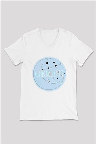 İkizler Burcu Baskılı Beyaz Unisex V Yaka Tişört - Tshirt