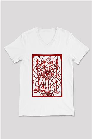 İkizler Burcu Baskılı Beyaz Unisex V Yaka Tişört - Tshirt