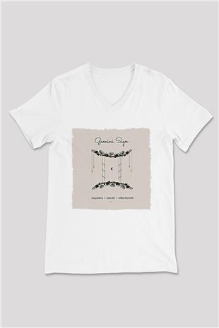 İkizler Burcu Baskılı Beyaz Unisex V Yaka Tişört - Tshirt