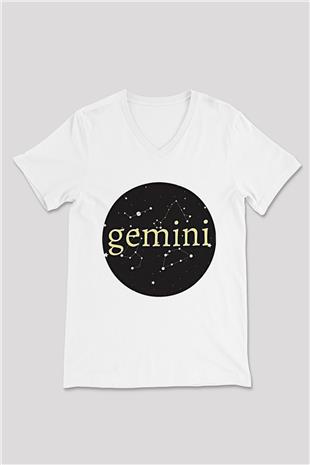 İkizler Burcu Baskılı Beyaz Unisex V Yaka Tişört - Tshirt