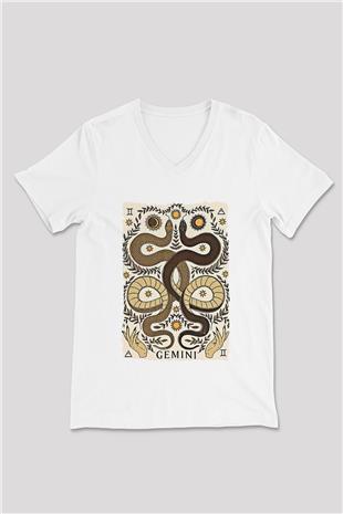 İkizler Burcu Baskılı Beyaz Unisex V Yaka Tişört - Tshirt