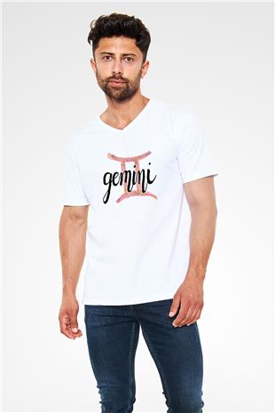 İkizler Burcu Baskılı Beyaz Unisex V Yaka Tişört - Tshirt