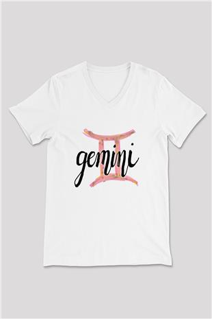 İkizler Burcu Baskılı Beyaz Unisex V Yaka Tişört - Tshirt