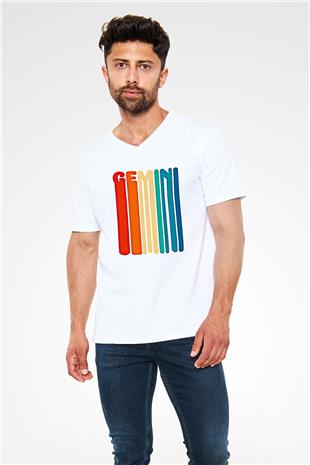 İkizler Burcu Baskılı Beyaz Unisex V Yaka Tişört - Tshirt