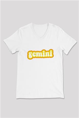 İkizler Burcu Baskılı Beyaz Unisex V Yaka Tişört - Tshirt