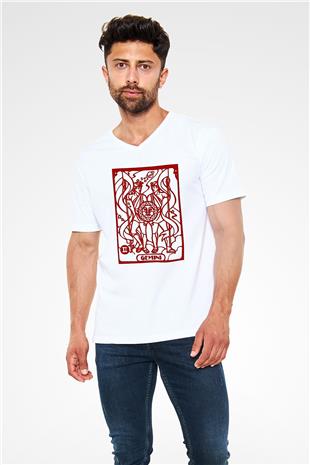 İkizler Burcu Baskılı Beyaz Unisex V Yaka Tişört - Tshirt