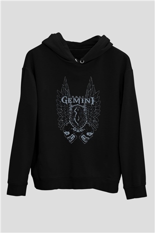 İkizler Burcu Baskılı Unisex Siyah Hoodie