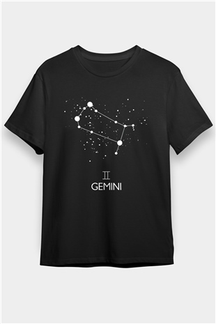 İkizler Burcu Baskılı Unisex Siyah Tişört - Tshirt