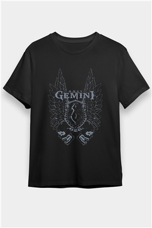 İkizler Burcu Baskılı Unisex Siyah Tişört - Tshirt