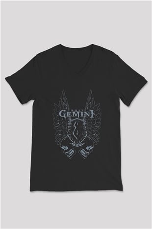 İkizler Burcu Baskılı Unisex Siyah V Yaka Tişört - Tshirt