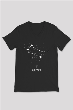 İkizler Burcu Baskılı Unisex Siyah V Yaka Tişört - Tshirt