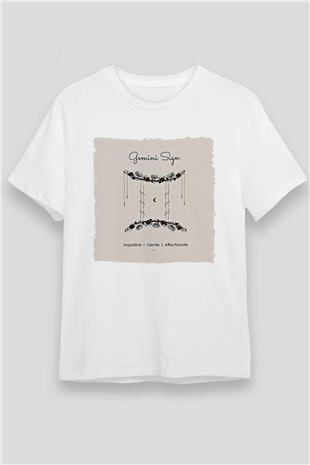 İkizler Burcu Unisex Baskılı Beyaz Tişört - Tshirt