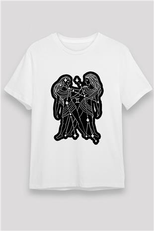 İkizler Burcu Unisex Baskılı Beyaz Tişört - Tshirt