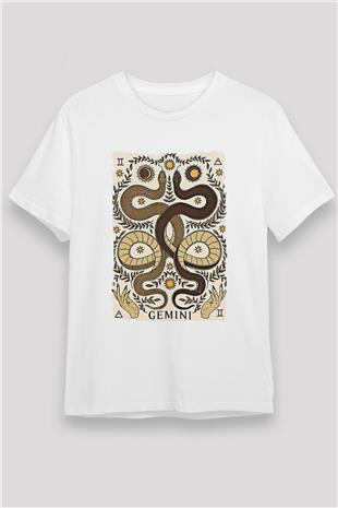 İkizler Burcu Unisex Baskılı Beyaz Tişört - Tshirt