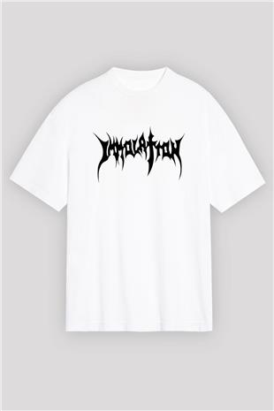 Immolation Baskılı Beyaz Unisex Oversize Tişört - Tshirt