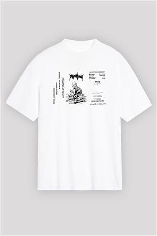 Immolation Baskılı Beyaz Unisex Oversize Tişört - Tshirt