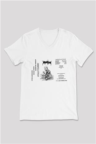 Immolation Baskılı Beyaz Unisex V Yaka Tişört - Tshirt