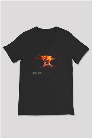 Immolation Baskılı Unisex Siyah V Yaka Tişört - Tshirt