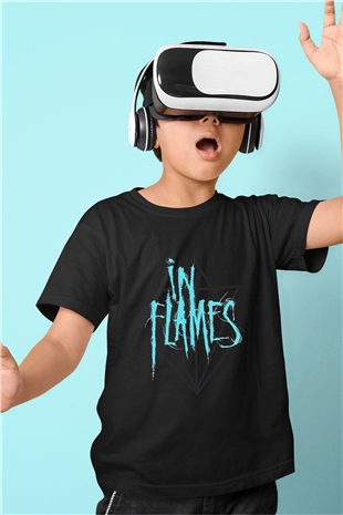 In Flames Baskılı Siyah Unisex Çocuk Tişört