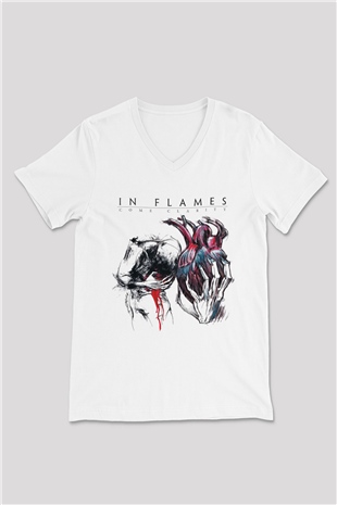 In Flames Beyaz Unisex V Yaka Tişört T-Shirt