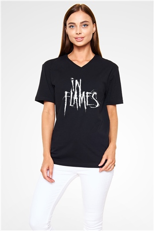 In Flames Siyah Unisex V Yaka Tişört T-Shirt