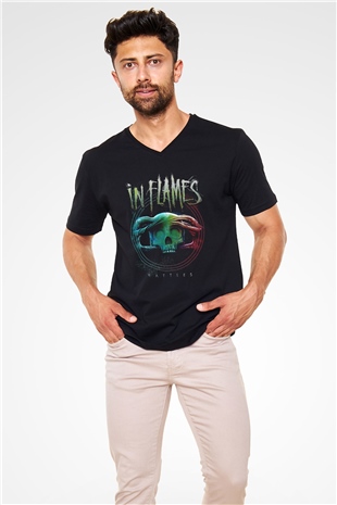 In Flames Siyah Unisex V Yaka Tişört T-Shirt