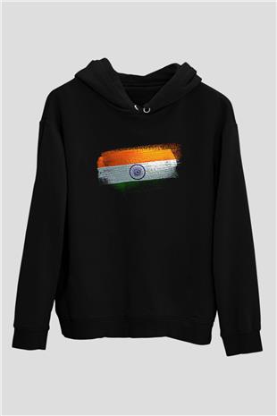 İndia - İndia Bayrağı Baskılı Unisex Siyah Hoodie