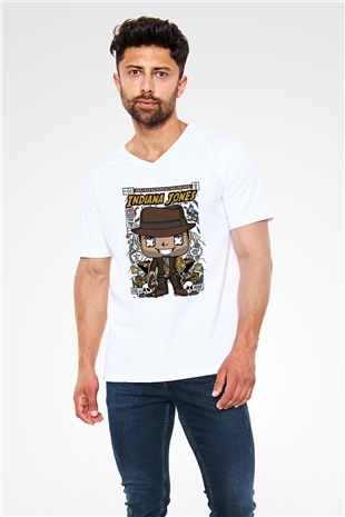 Indiana Jones Baskılı Unisex Beyaz V Yaka Tişört