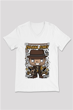 Indiana Jones Baskılı Unisex Beyaz V Yaka Tişört