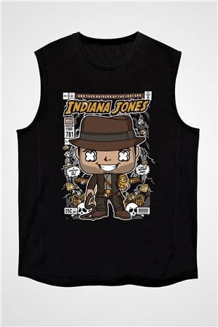 Indiana Jones Baskılı Unisex Siyah Kolsuz Tişört