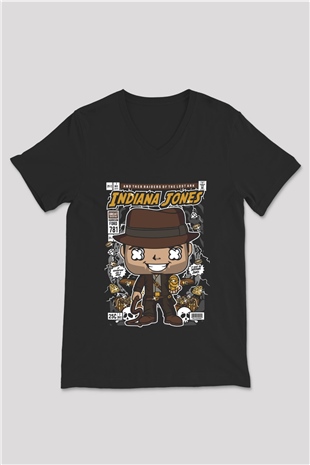 Indiana Jones Baskılı Unisex Siyah V Yaka Tişört