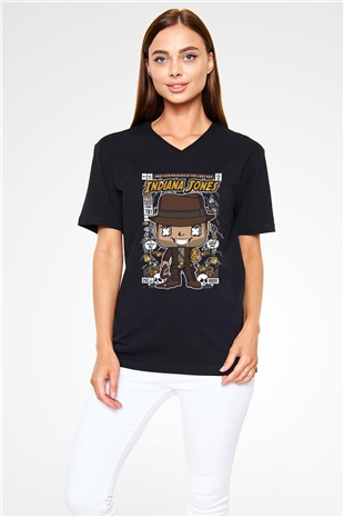 Indiana Jones Baskılı Unisex Siyah V Yaka Tişört