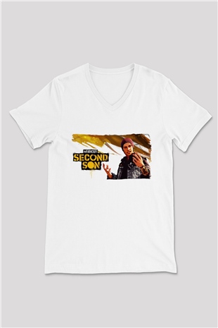 Infamous Beyaz Unisex V Yaka Tişört