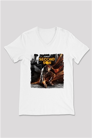 Infamous Beyaz Unisex V Yaka Tişört